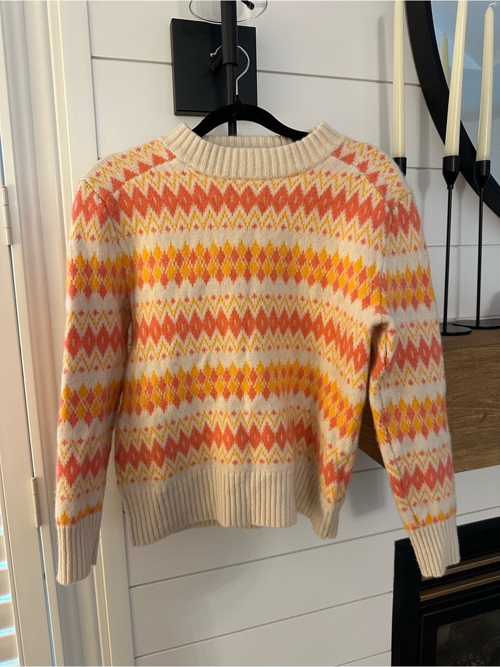 J. Crew 100% CASHMERE Cream Crewneck Sweater with Orange and Yellow Fair Isle